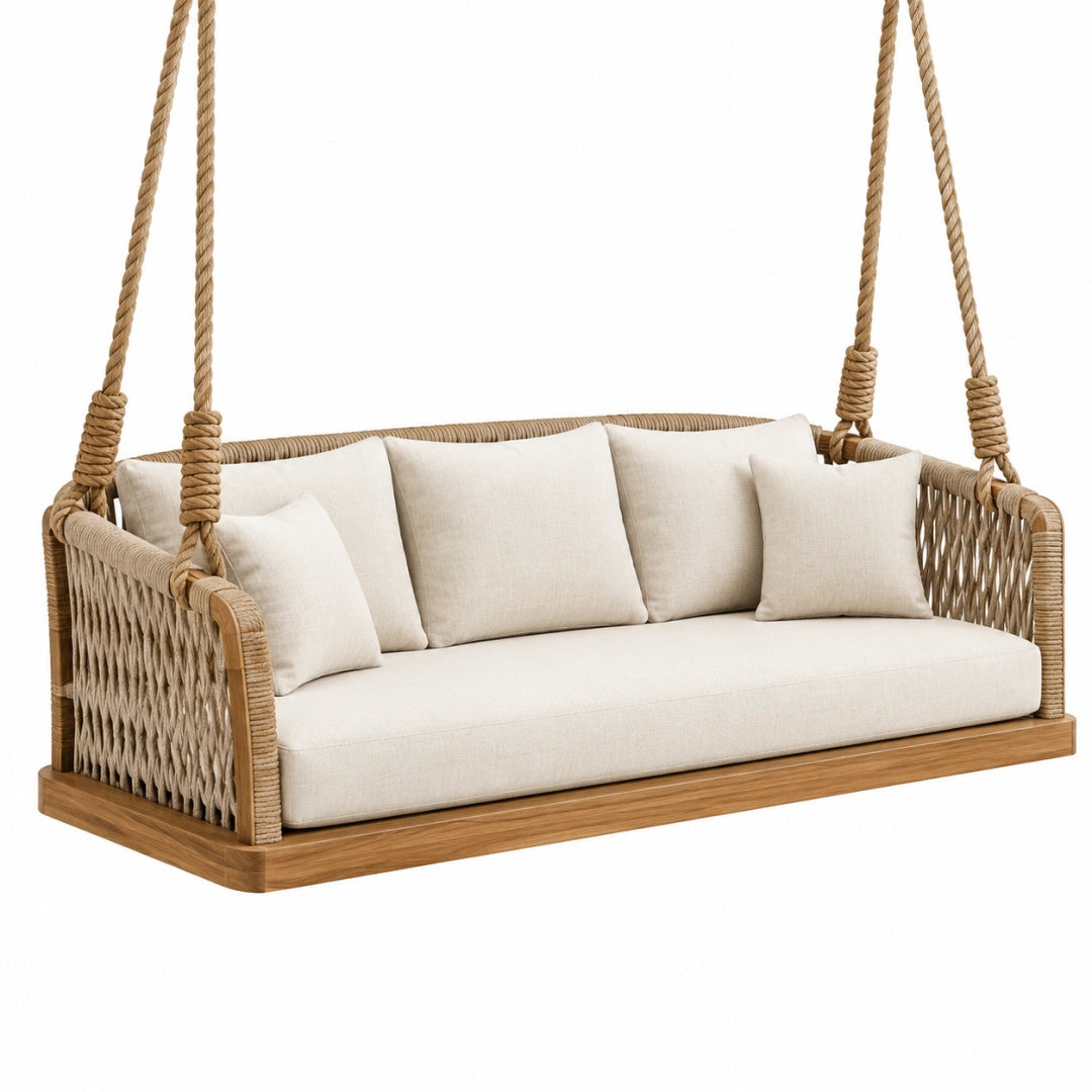 Canapé balancelle suspendu 180 x 80 x 65 cm bois naturel et corde tressée style bohème extérieur