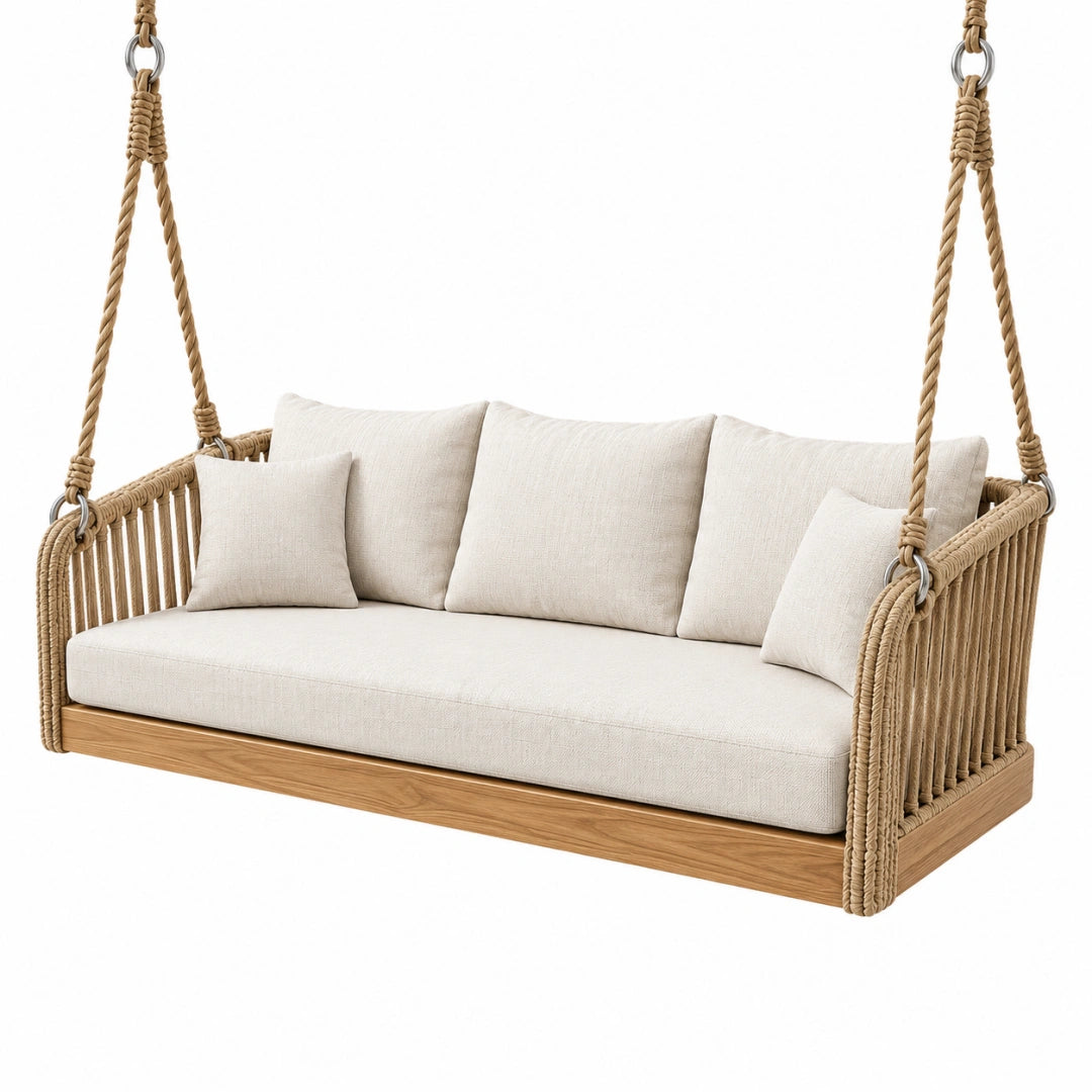 Balancelle suspendue 180 x 80 x 160 cm en corde et bois beige pour extérieur style bohème
