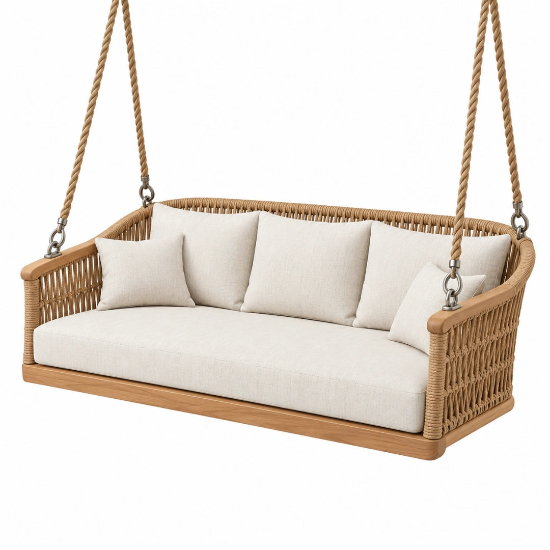 Balancelle canapé 2 places 160 x 75 x 65 cm en bois naturel et corde tressée pour terrasse