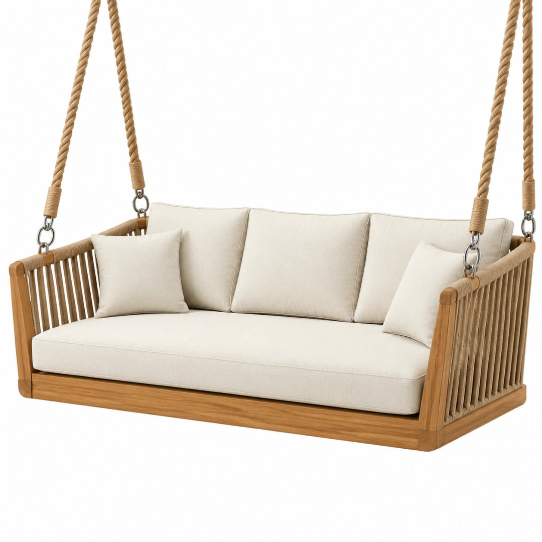 Canapé balançoire suspendu 160 x 80 x 70 cm en bois naturel et corde beige