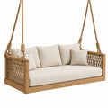 Canapé balancelle 150 x 75 x 180 cm en bois naturel et tissu beige suspendu extérieur