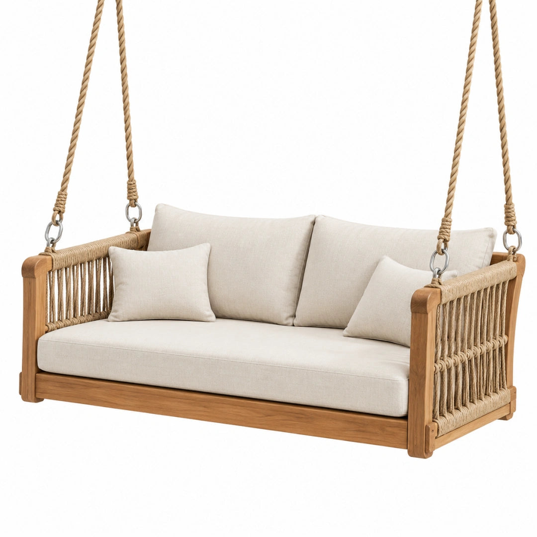 Balançoire suspendue 2 places 160 x 75 x 70 cm bois naturel et corde style bohème