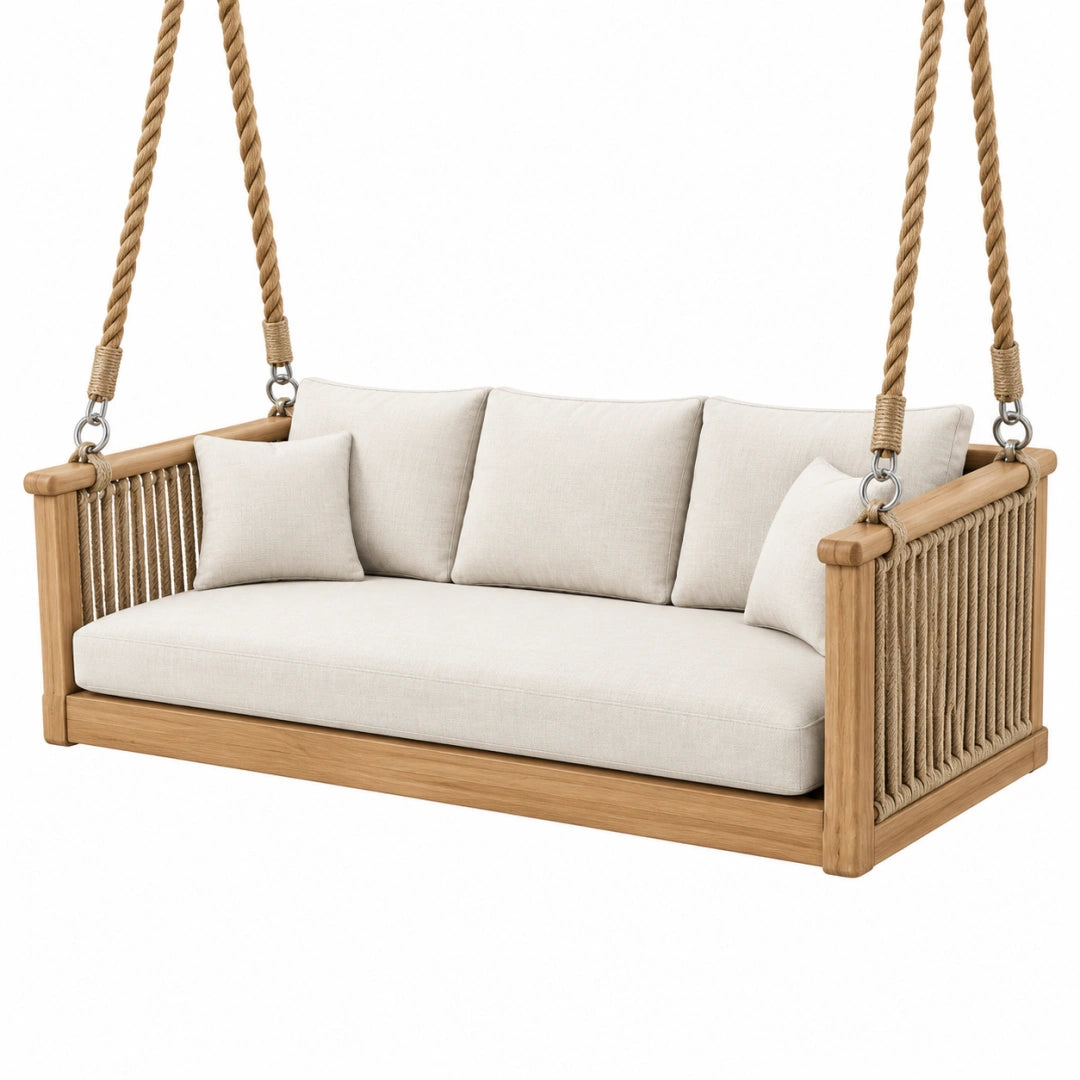 Balancelle suspendue de jardin 180 cm en bois naturel et cordes style bohème